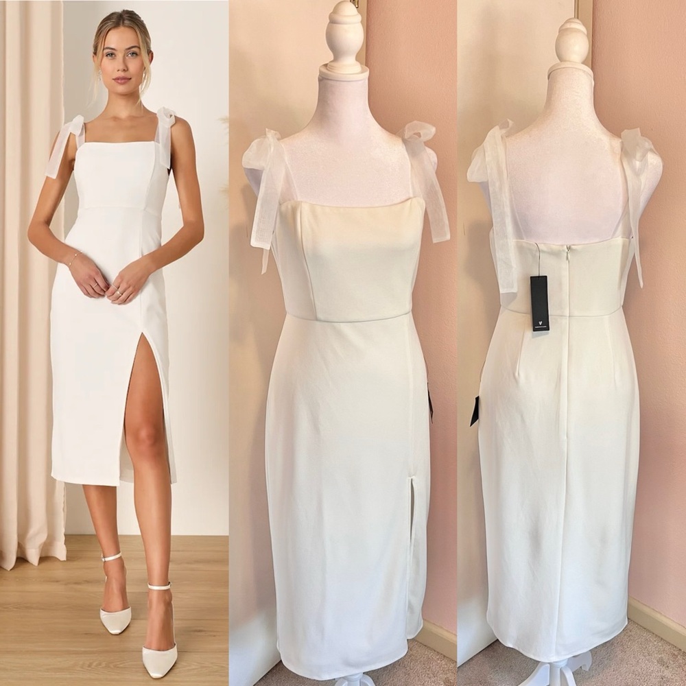 Lulus Romantic Celebration White Tie-Strap Bodycon Midi Dress - Picture 3 of 15